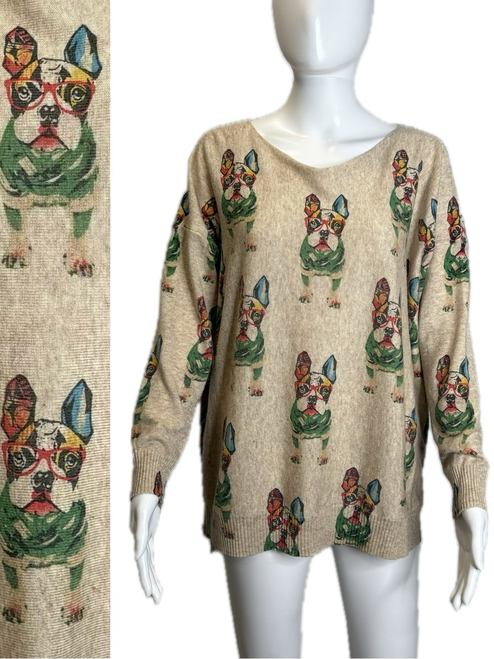 Shana French Bulldog Dog Print Sweater Womens Size Large Wool Blend Long Sleeve